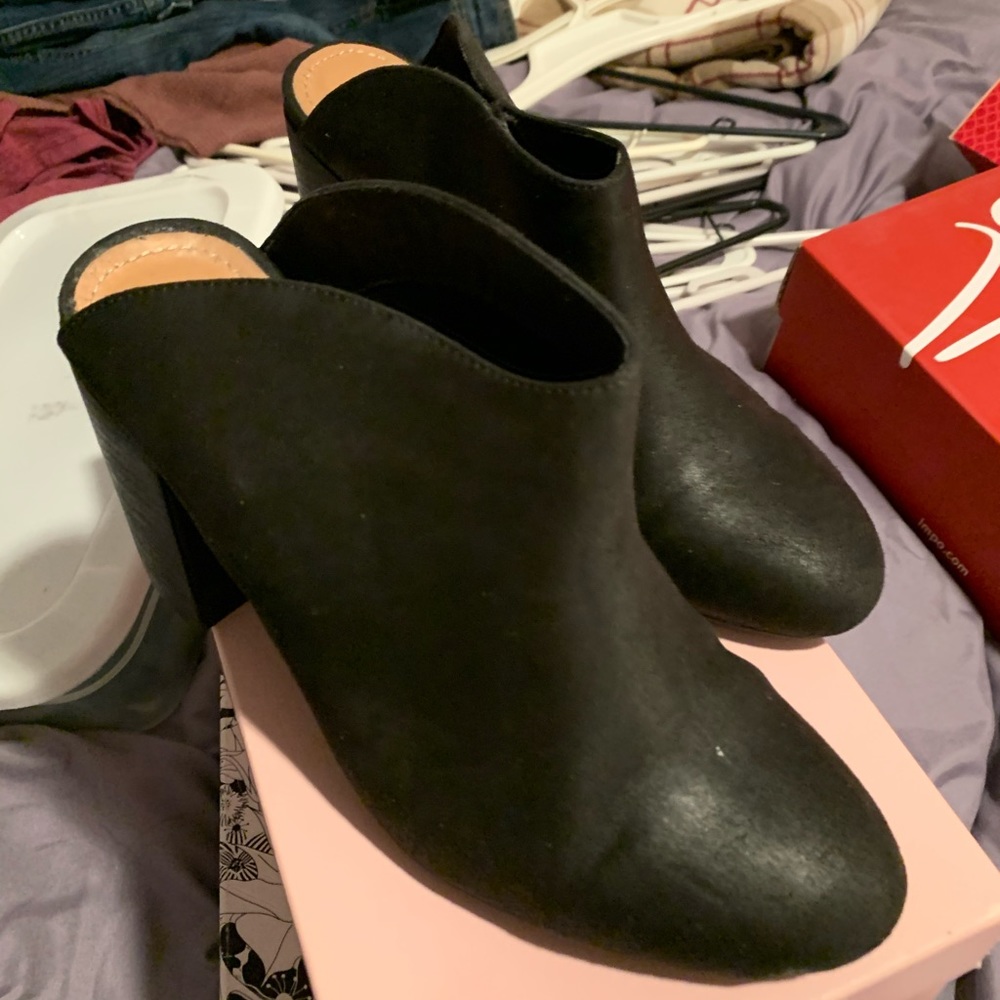 Black faux suede mules